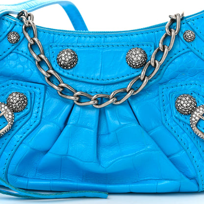 Balenciaga Extra Supple Calfskin Crocodile Embossed Crystal Mini Le Cagole Purse With Chain Cyan 9 of 11