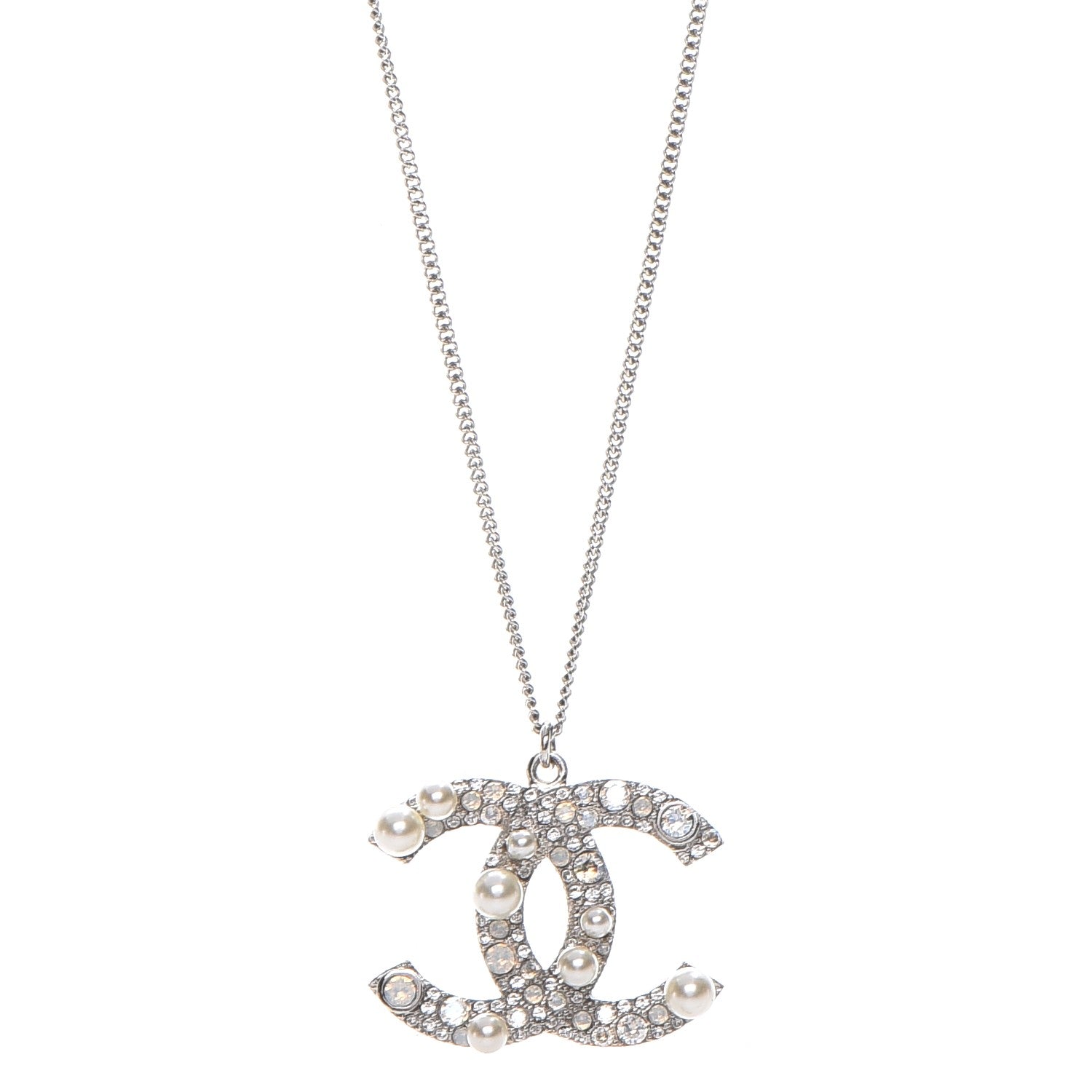 Chanel Crystal Pearl CC Pendant Necklace Silver 1 of 5