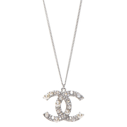 Chanel Crystal Pearl CC Pendant Necklace Silver 1 of 5