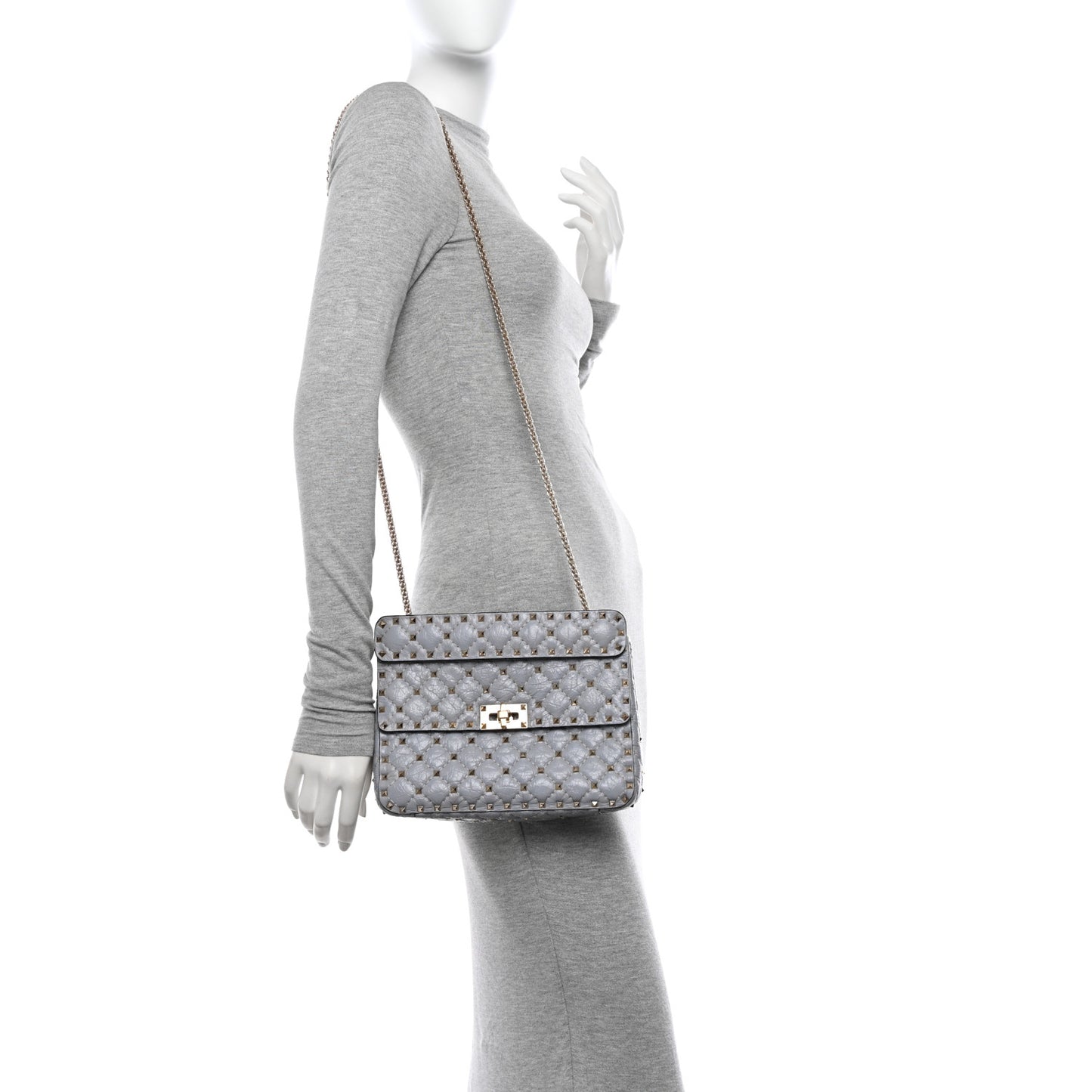 Craquele Nappa Medium Rockstud Spike Shoulder Bag Pastel Grey