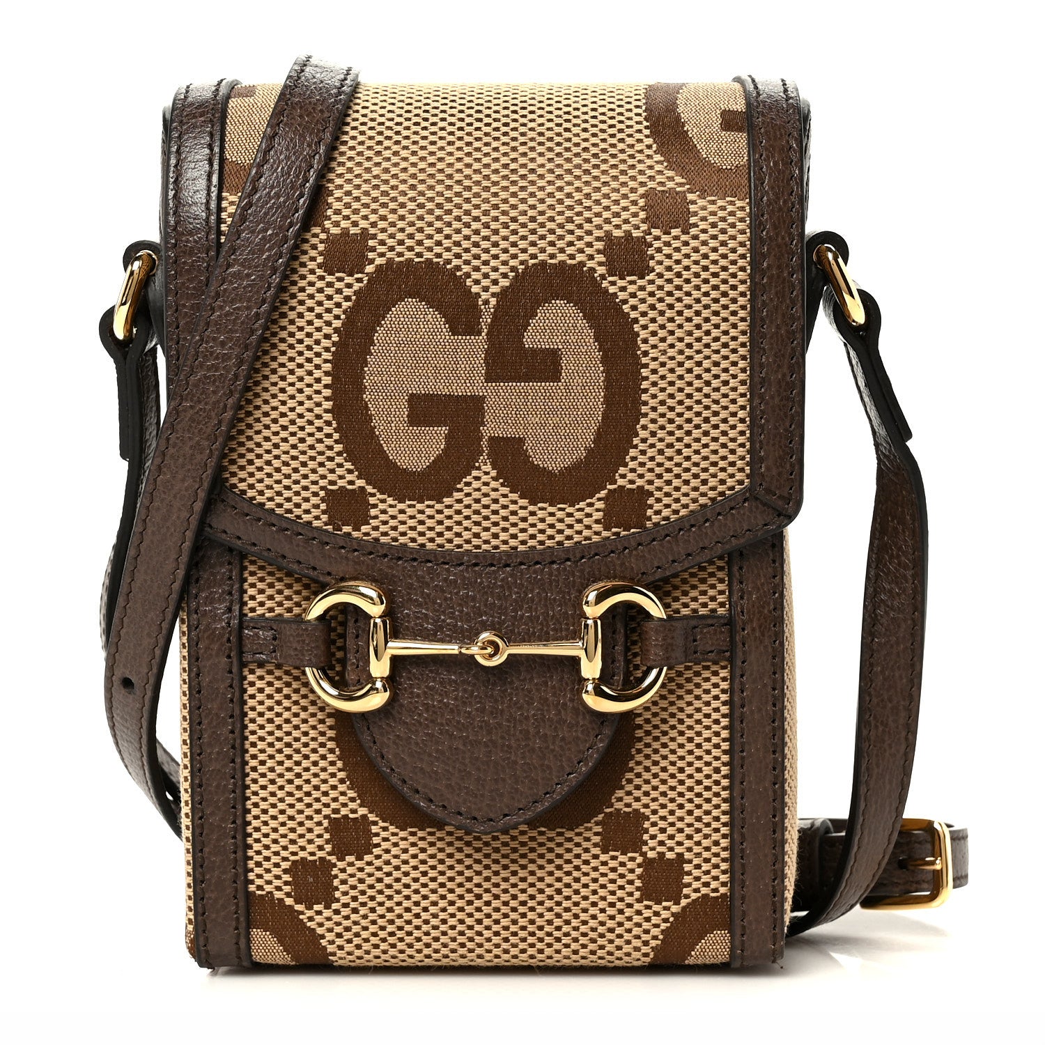 Gucci Monogram Jumbo GG Textured Dollar Calfskin Mini Horsebit 1955 Crossbody Bag Camel Ebony New Acero 1 of 11
