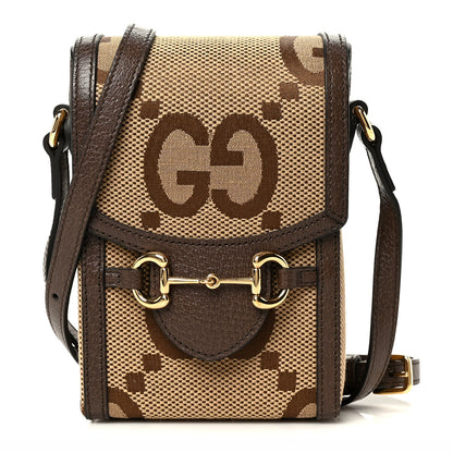 Gucci Monogram Jumbo GG Textured Dollar Calfskin Mini Horsebit 1955 Crossbody Bag Camel Ebony New Acero 1 of 11