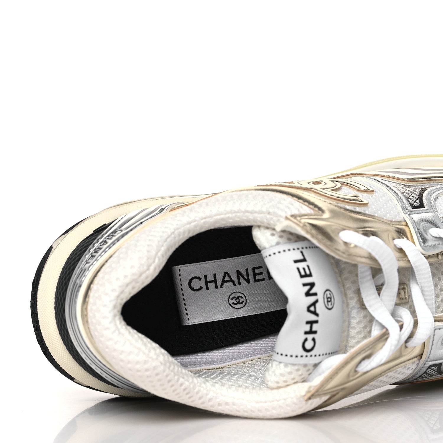 Chanel Fabric Laminated Calfskin Stretch CC Sneakers 38 White Gold Silver 7 of 9