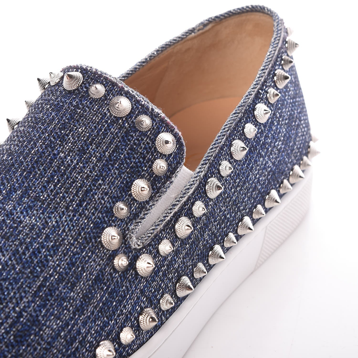 Christian Louboutin Womens Denim Lame Lux Spikes Pik Boat Flat 37 Silver 9 of 11