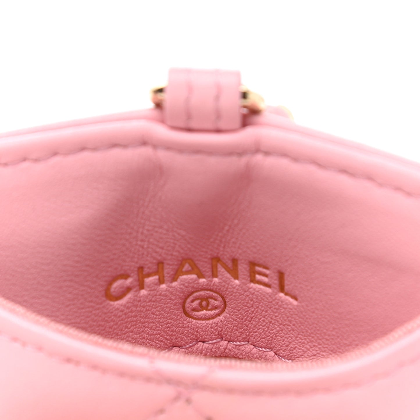 Lambskin Quilted Chanel Card Holder On Chain Pink