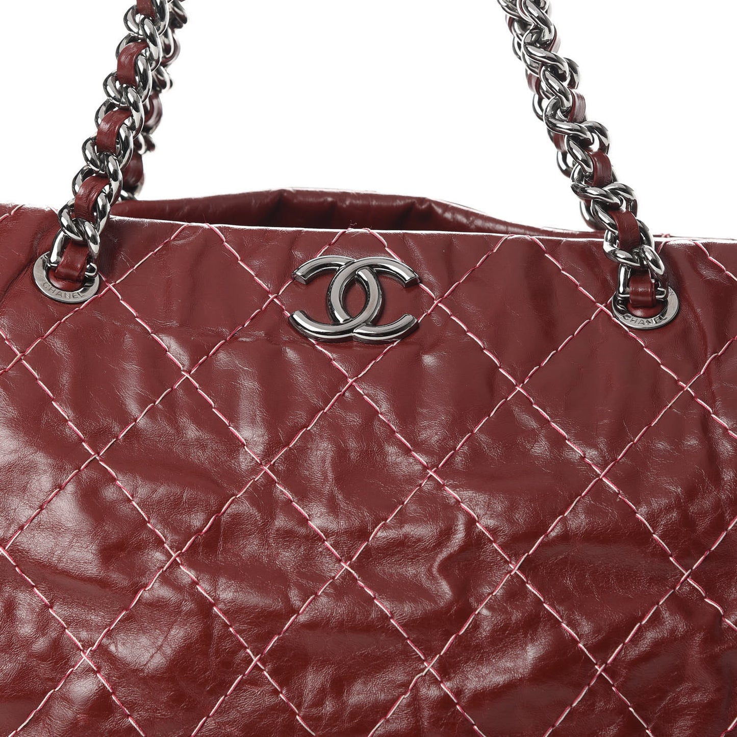 Glazed Goatskin Double Stitch Shoulder Bag Rouge