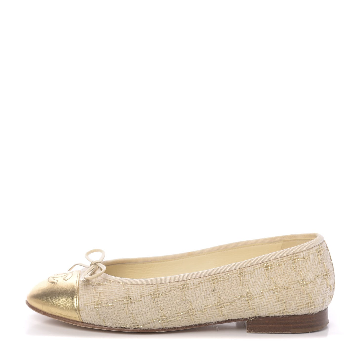 Tweed Metallic Lambskin CC Cap Toe Ballerina Flats 36 Beige Gold
