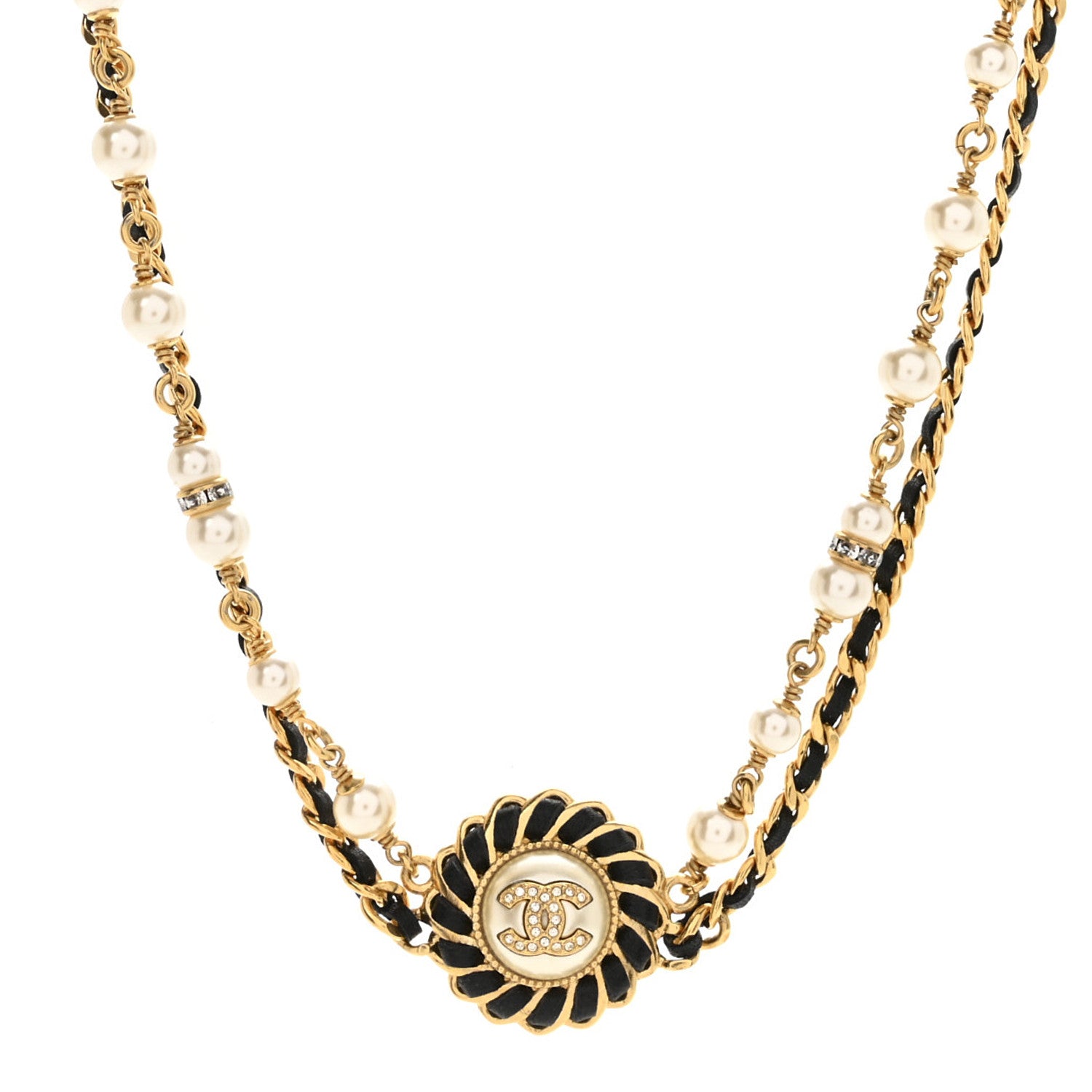 Chanel Lambskin Pearl Crystal CC Short Double Strand Necklace Gold White Black 1 of 7
