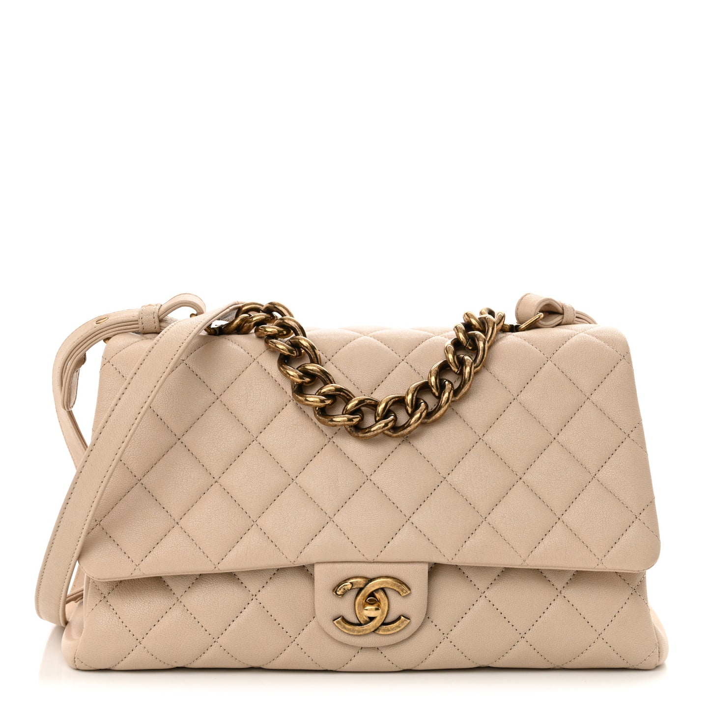 Shiny Sheepskin Quilted Large Trapezio Flap Beige