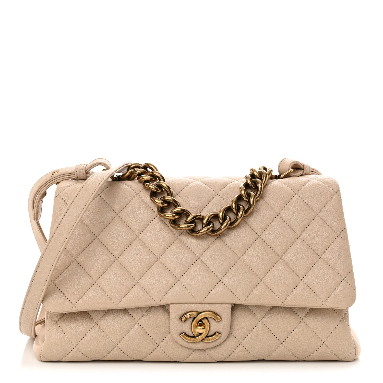 Chanel Shiny Sheepskin Quilted Large Trapezio Flap Beige 1 of 14