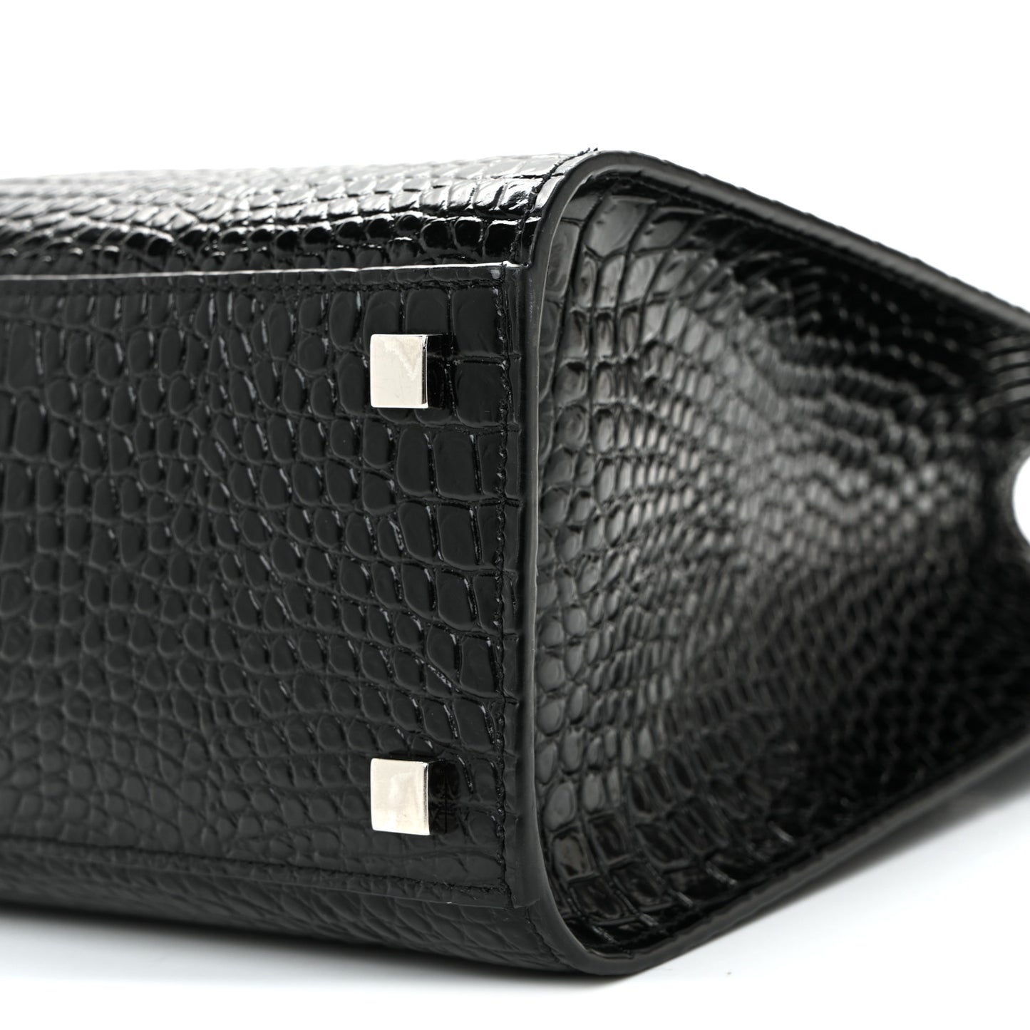 Shiny Calfskin Crocodile Embossed Small Manhattan Shopper Tote Black