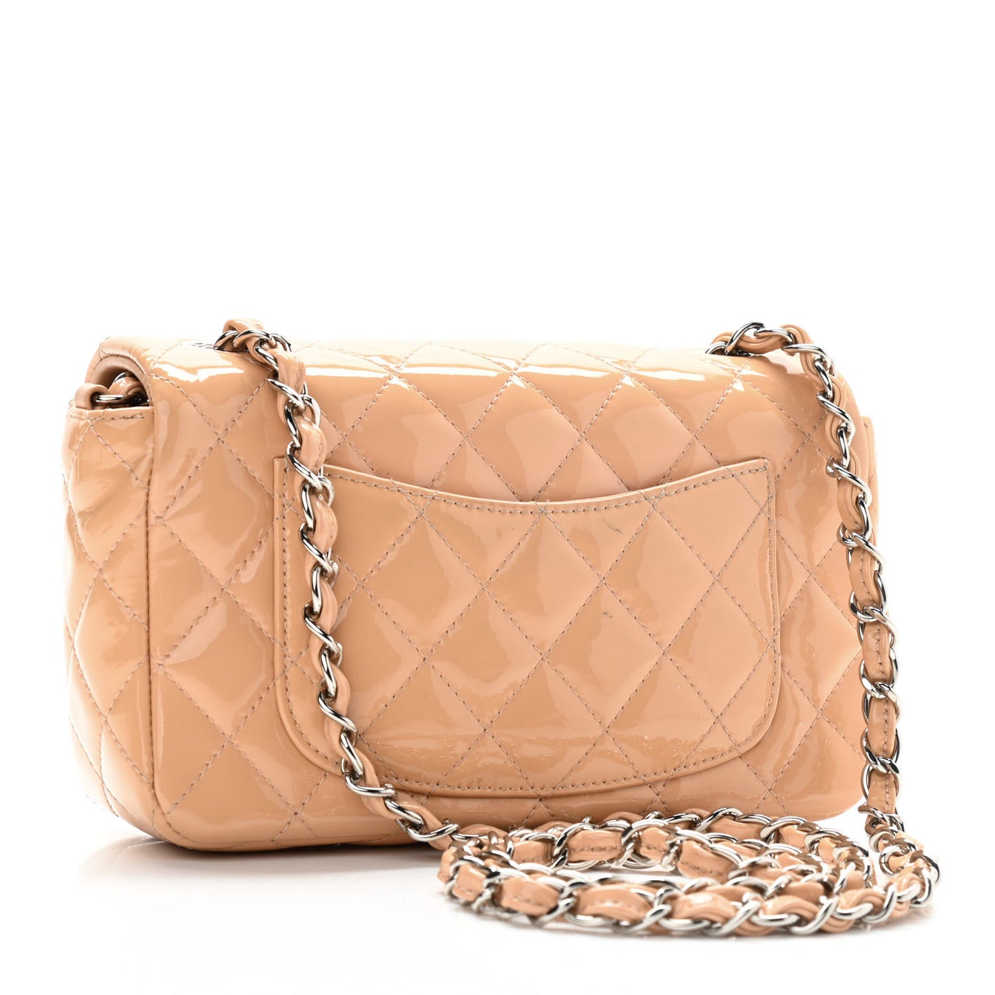 Patent Calfskin Quilted Mini Rectangular Flap Beige