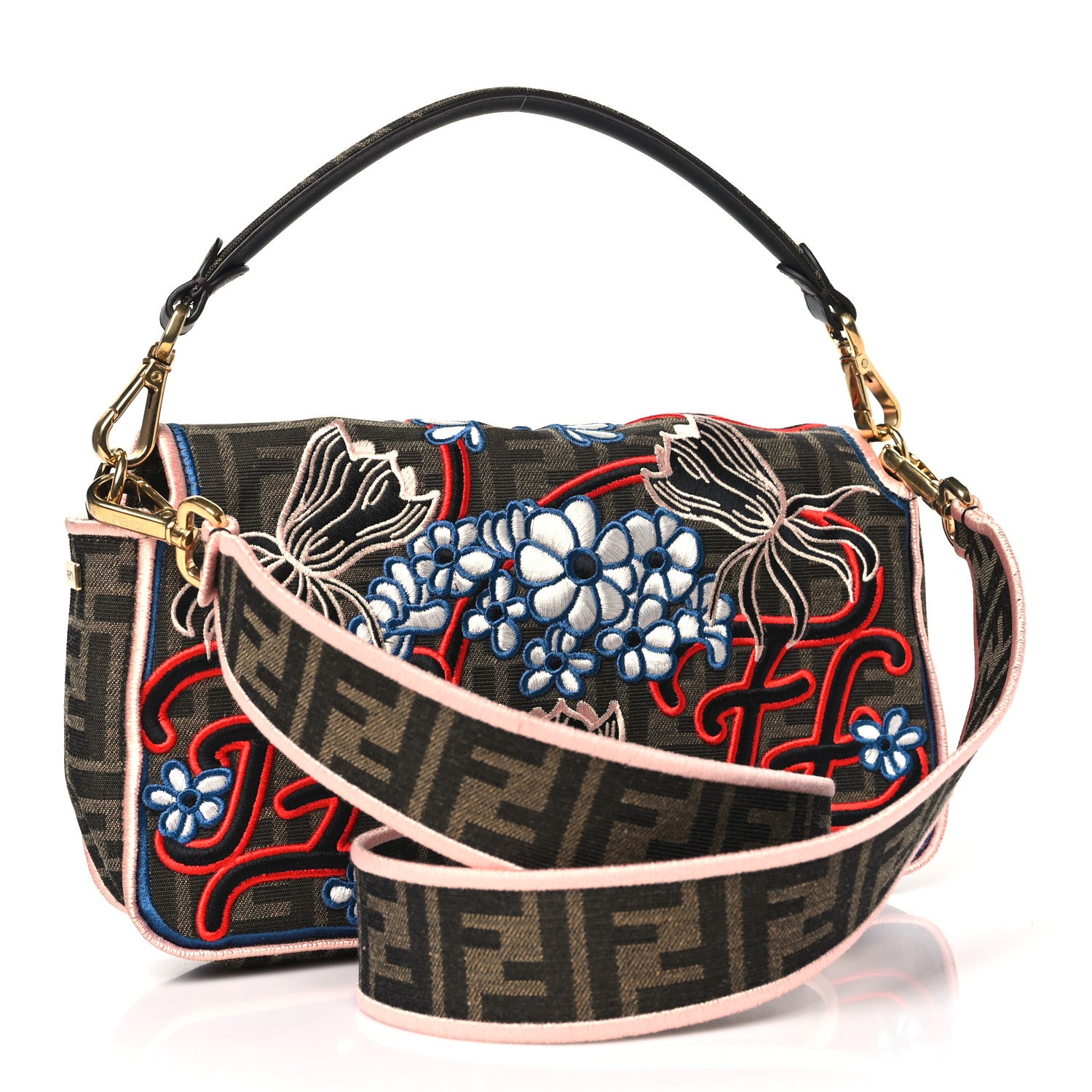 Fendi Fabric Jacquard FF 1974 Karligraphy Embroidered Baguette Tobacco Moro Rosso 3 of 9