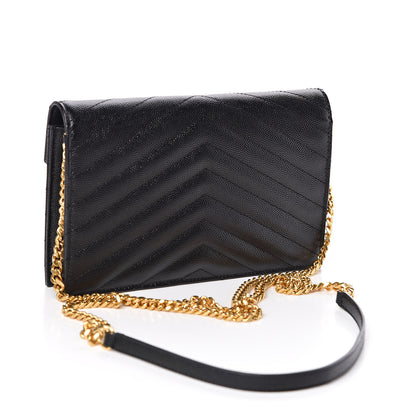 Saint Laurent Grain De Poudre Matelasse Chevron Monogram Envelope Chain Wallet Black 3 of 10