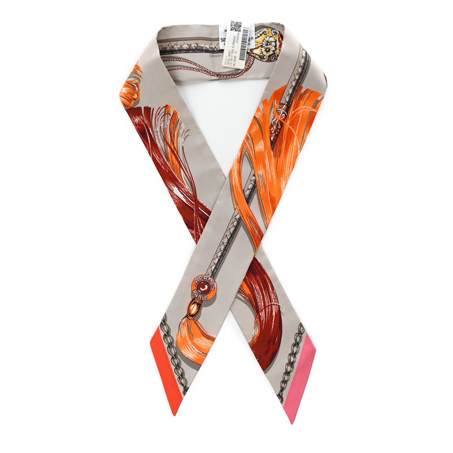 Hermes Silk Cavalcades Twilly Gris Perle Orange Acajou 1 of 4