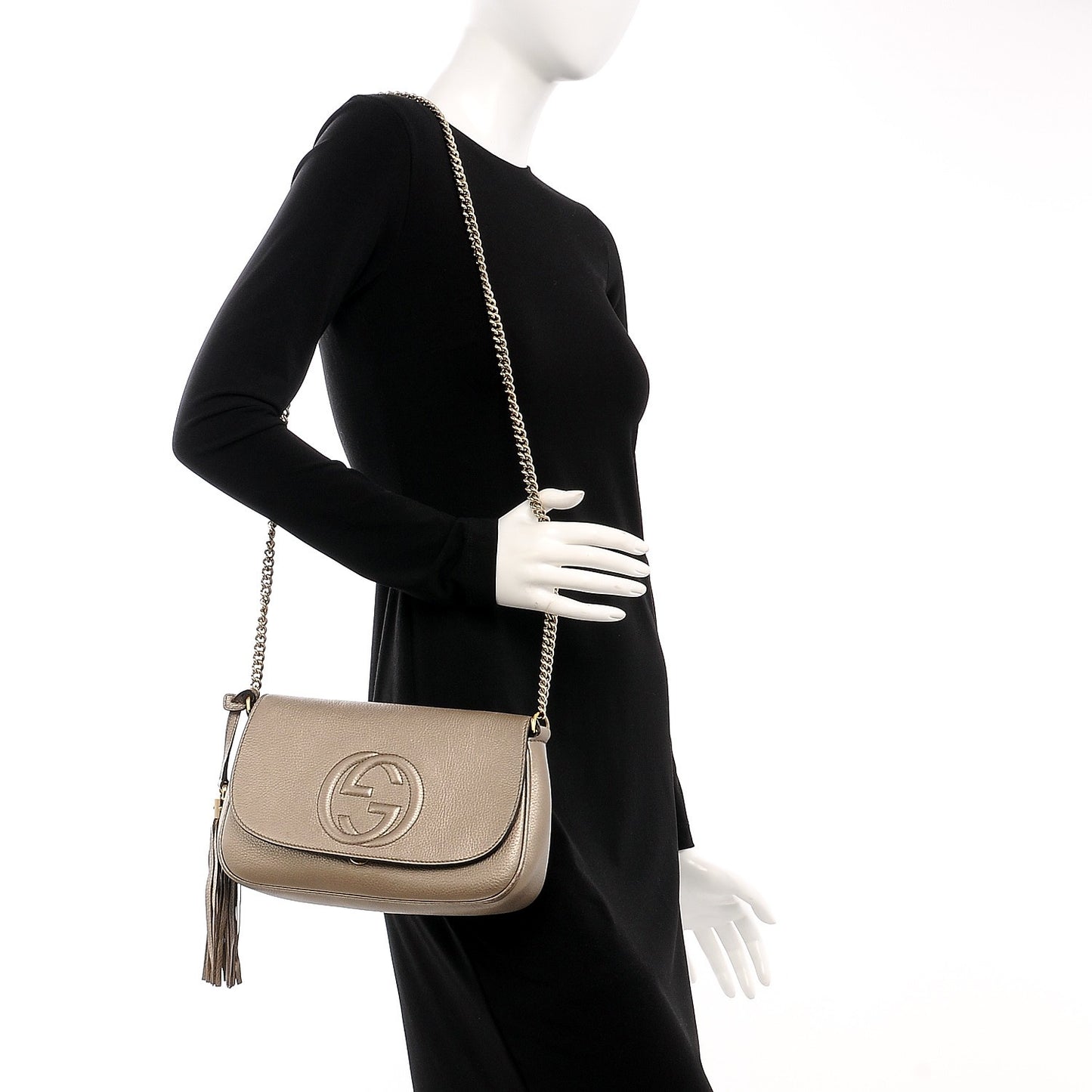 Metallic Pebbled Calfskin Medium Soho Flap Crossbody Golden Beige