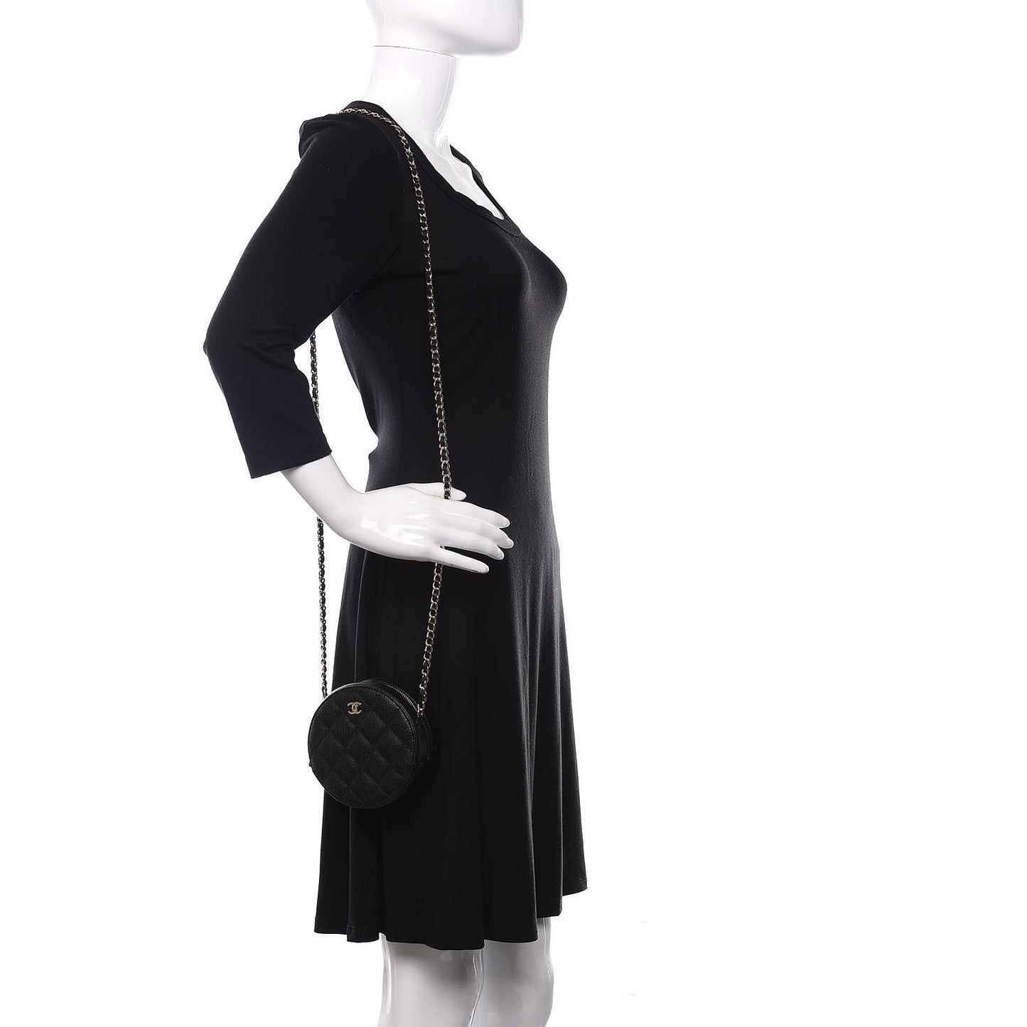 Caviar Quilted Round Clutch With Chain Black