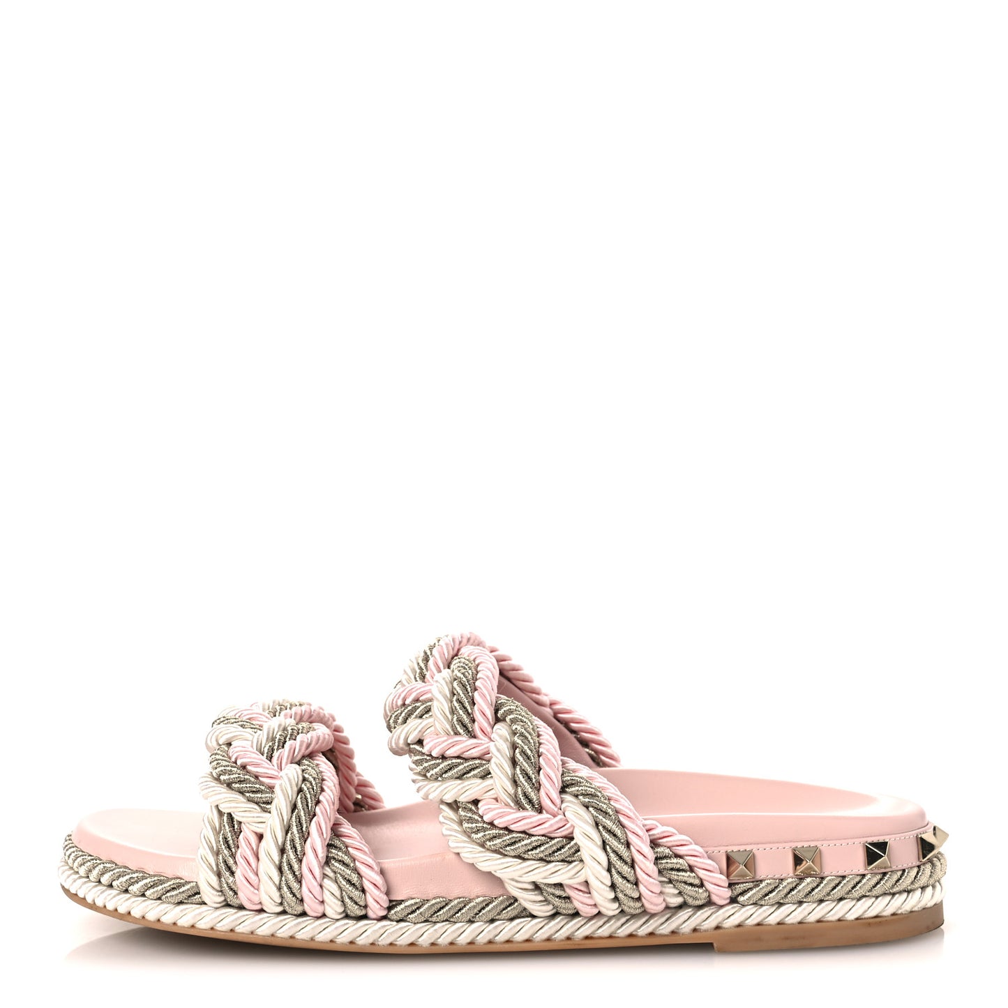 Silk Cord Calfskin Rockstud Rope Espadrille Wedge Sandals 39 Pink