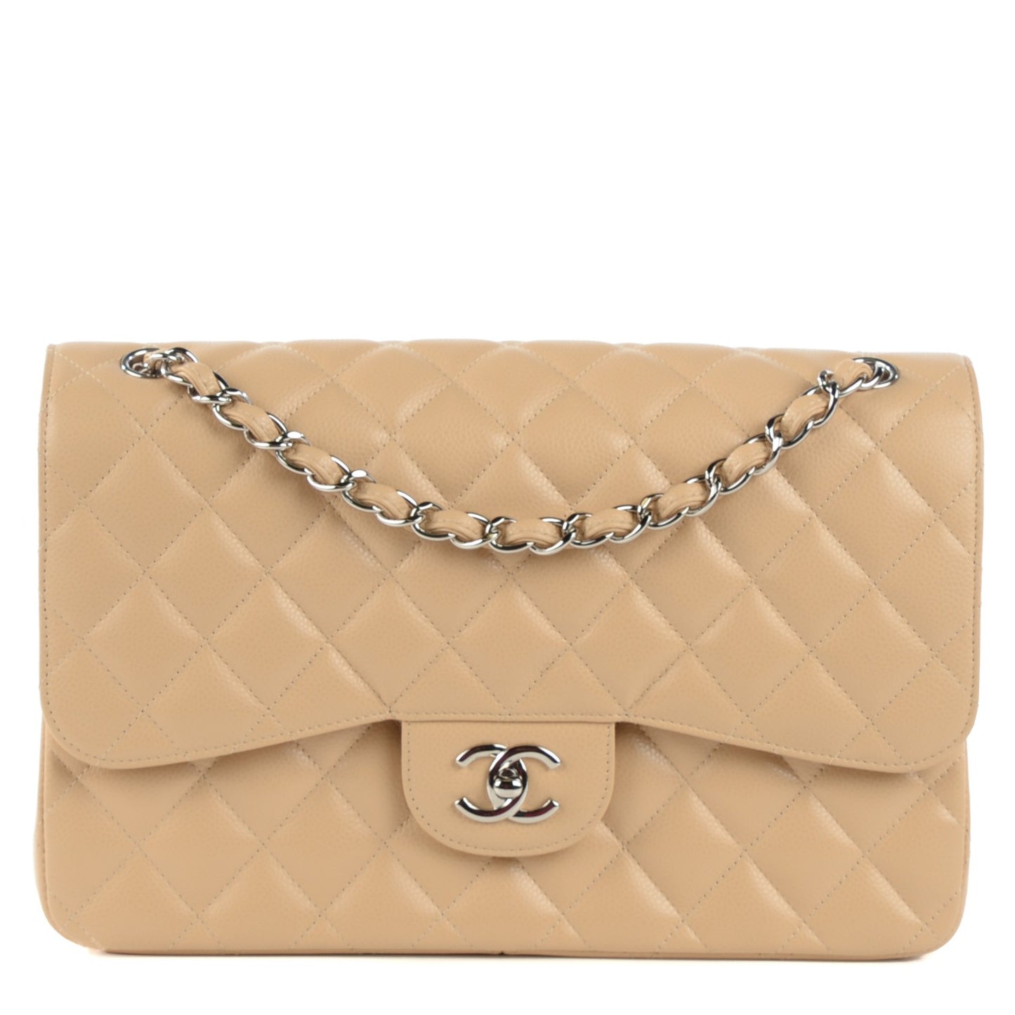 Caviar Quilted Jumbo Double Flap Beige Clair