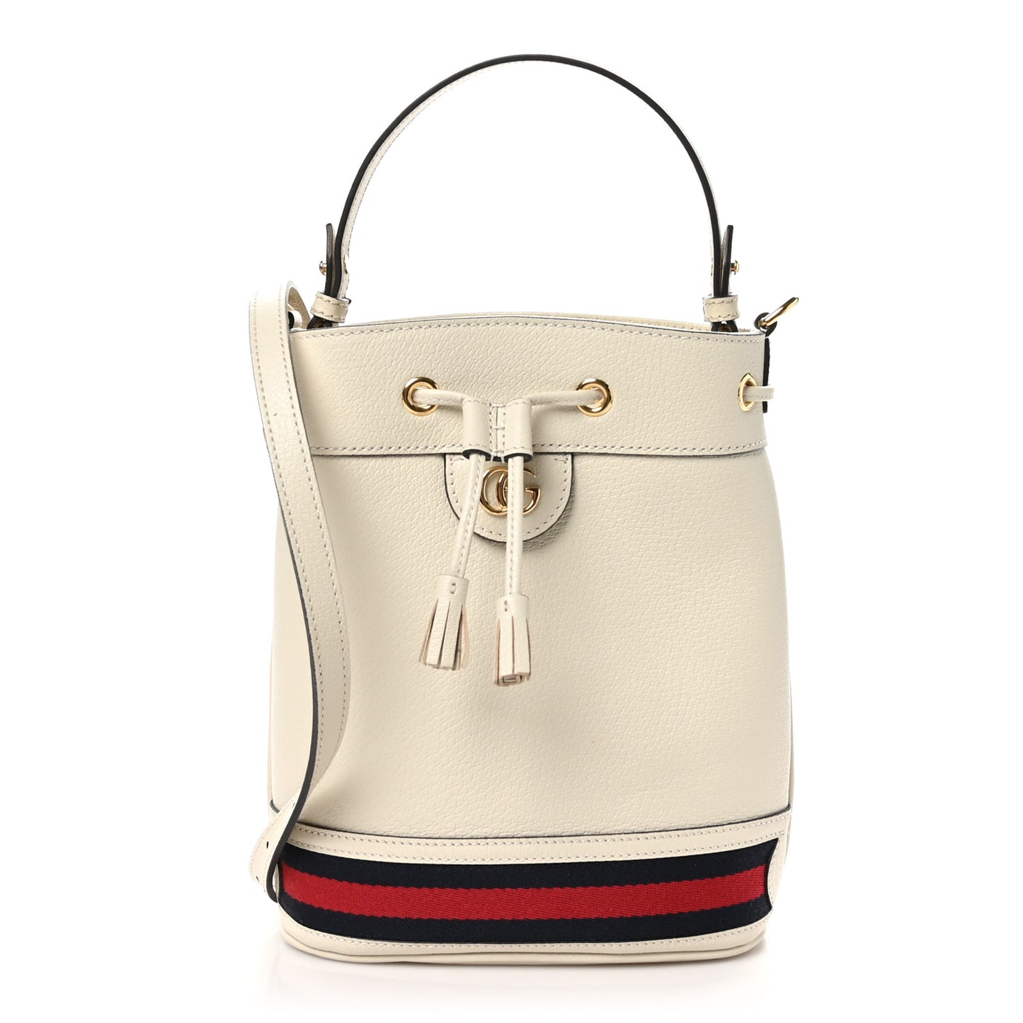 Glazed Textured Calfskin Web Small Ophidia Bucket Bag Mystic White