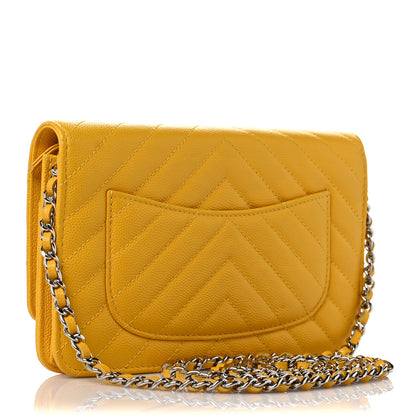 Chanel Caviar Chevron Quilted Wallet On Chain WOC Yellow 3 of 9