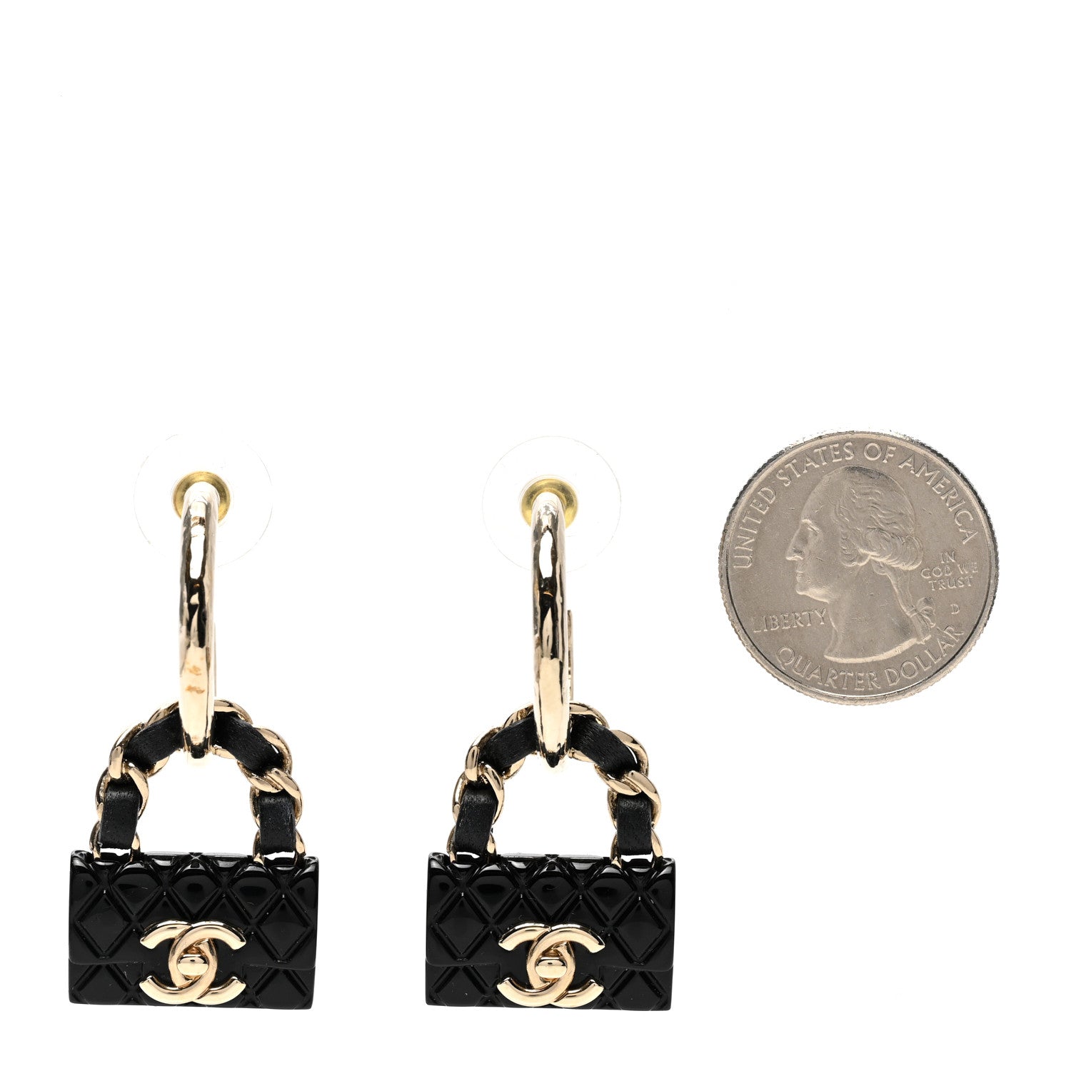 Chanel Metal Resin Lambskin Quilted CC Turnlock Chain Bag Hoop Earrings Black Gold 2 of 5