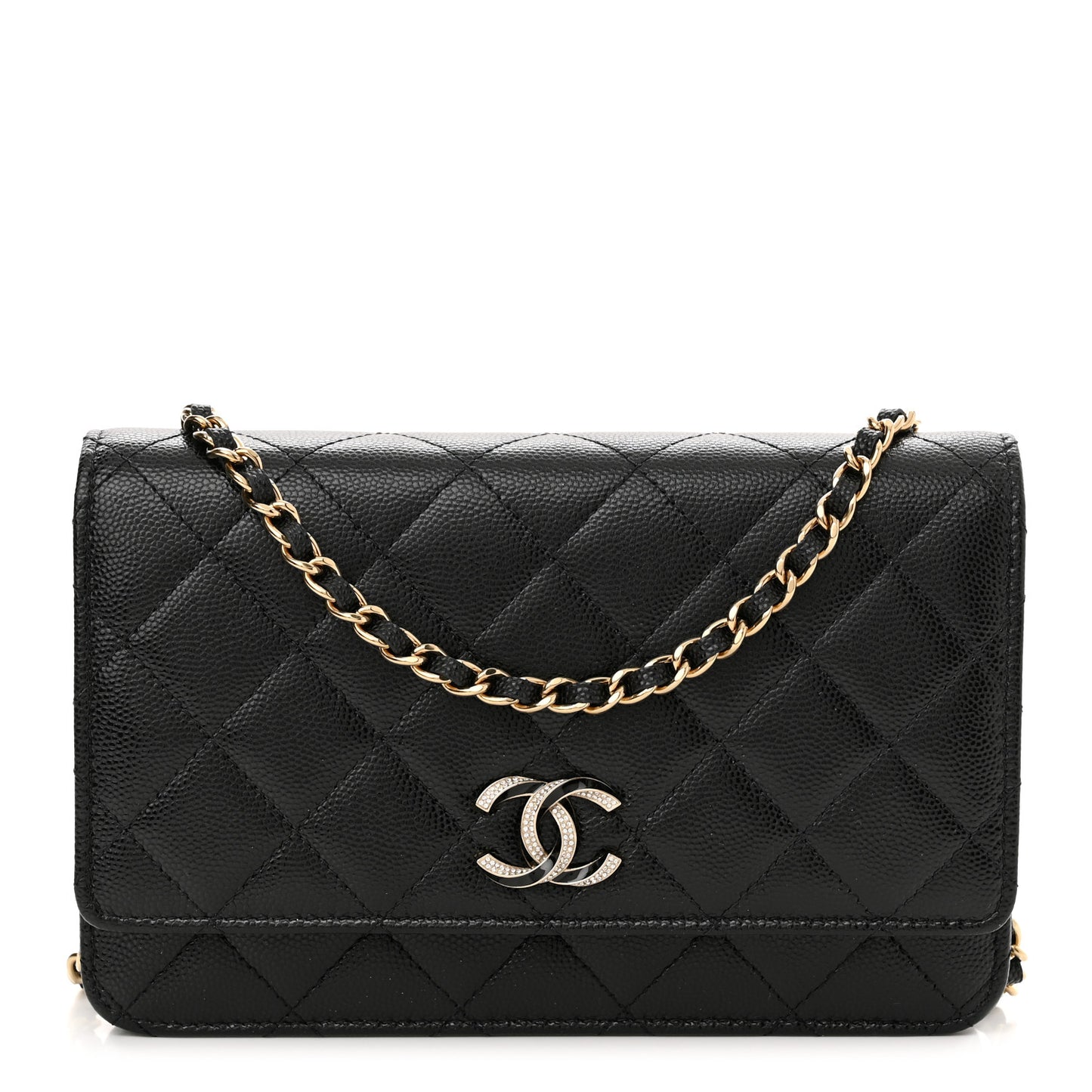 Caviar Quilted Crystal Enamel CC Wallet On Chain WOC Black