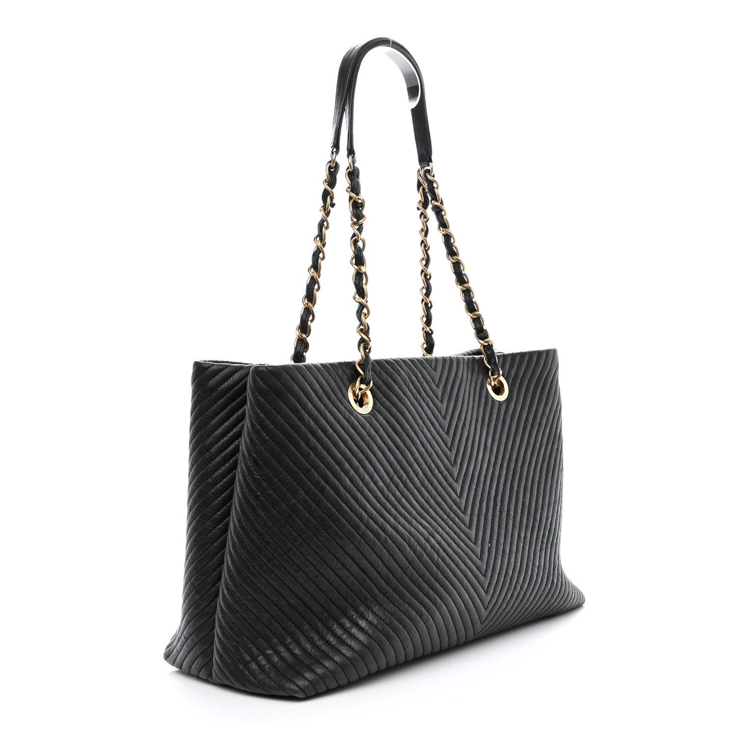 Wrinkled Lambskin Chevron Quilted Large Surpique Tote Black