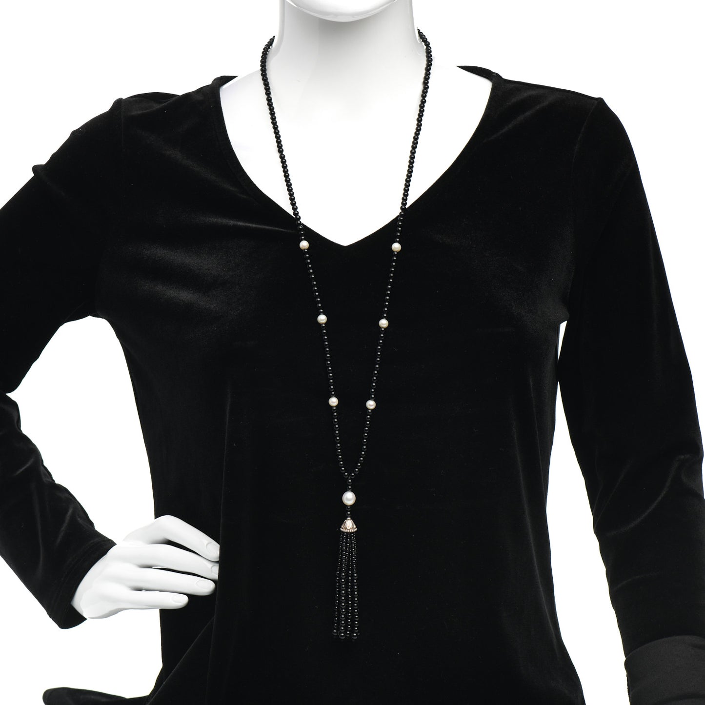 Sterling Silver Black Onyx Freshwater Pearl Ziegfeld Tassel Necklace
