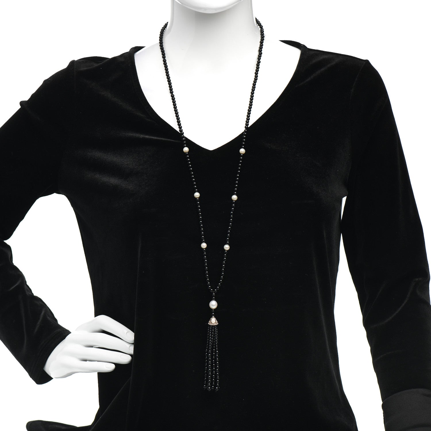 Tiffany Sterling Silver Black Onyx Freshwater Pearl Ziegfeld Tassel Necklace 2 of 4