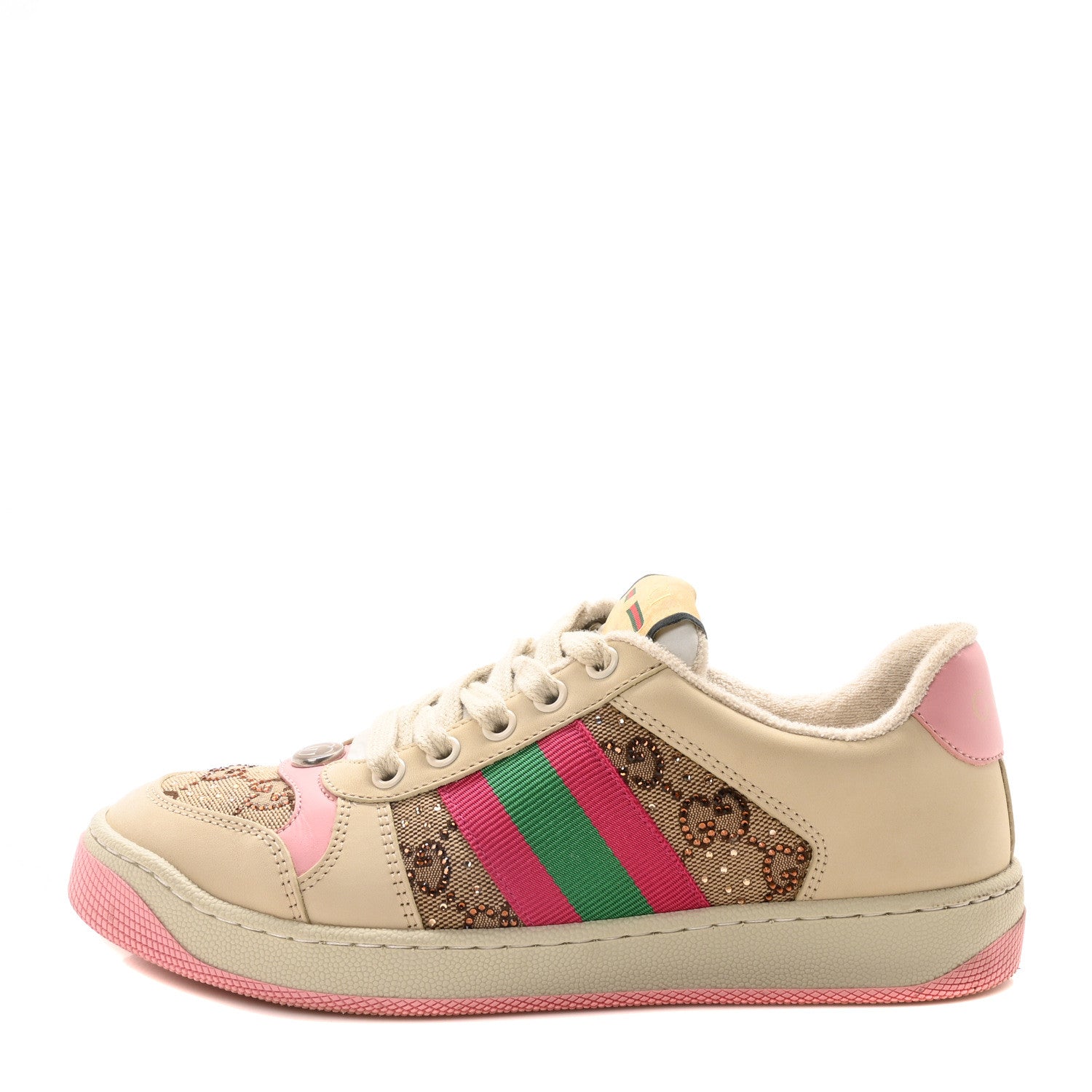Gucci Calfskin GG Supreme Crystals Web Screener Sneakers  36 Camel Ebony Wild Rose 1 of 9