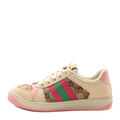 Gucci Calfskin GG Supreme Crystals Web Screener Sneakers  36 Camel Ebony Wild Rose 1 of 9