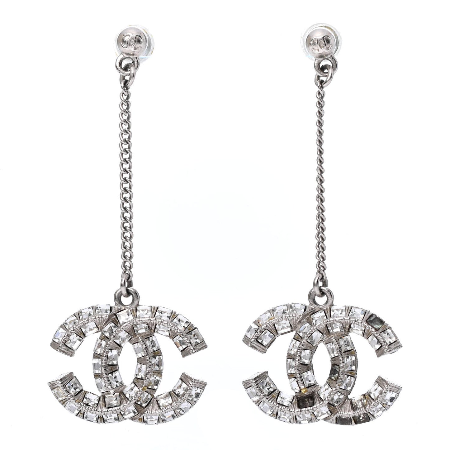 Baguette Crystal CC Drop Earrings Silver