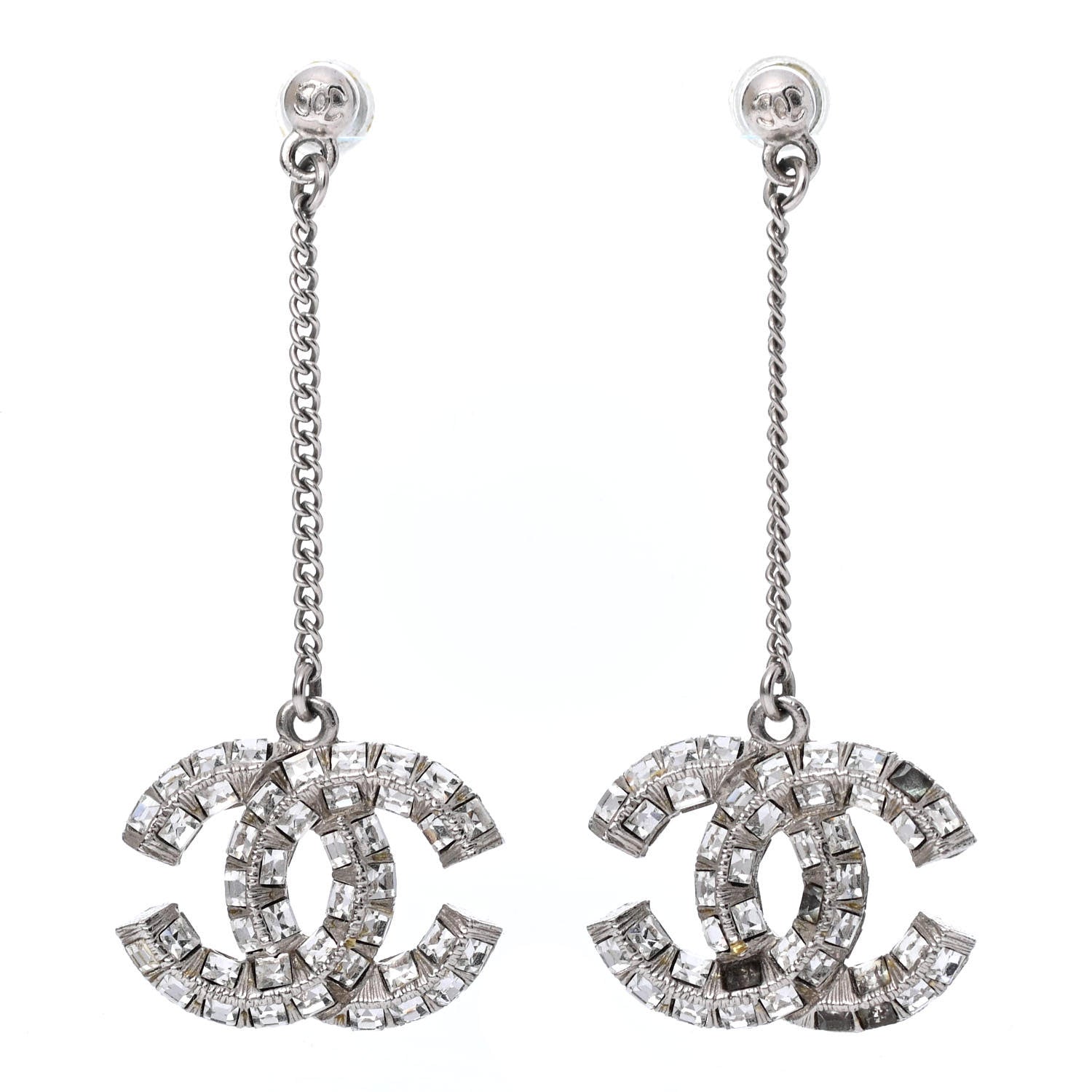 Chanel Baguette Crystal CC Drop Earrings Silver 1 of 4