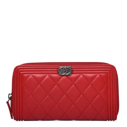 Chanel Lambskin Quilted Boy Zip Around Wallet Red 1 of 16