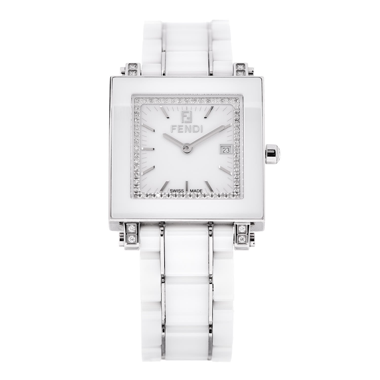 Fendi Stainless Steel Ceramic Diamond Bezel 30mm Quadro Quartz Watch White 1 of 7