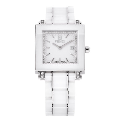 Fendi Stainless Steel Ceramic Diamond Bezel 30mm Quadro Quartz Watch White 1 of 7