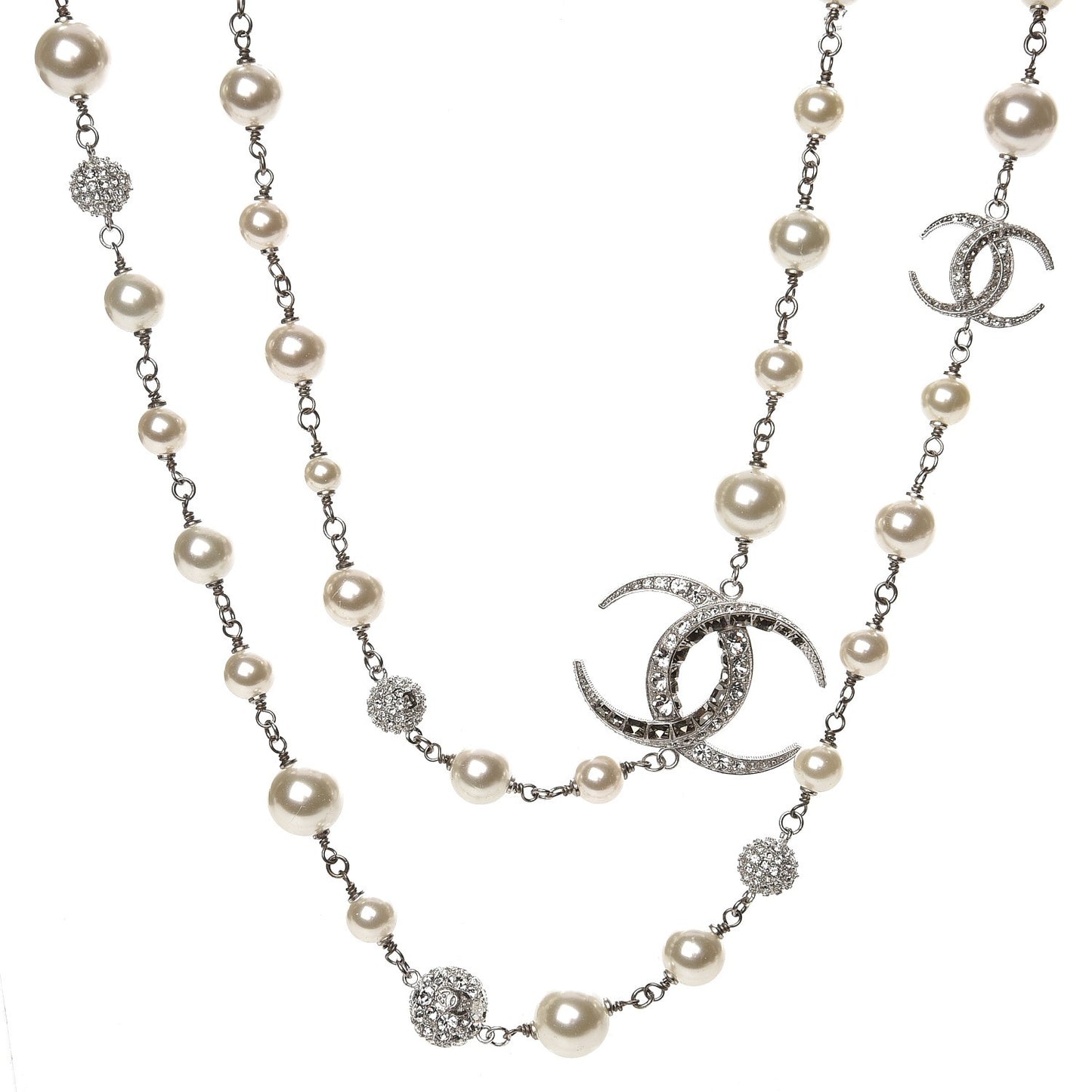 Pearl Baguette Crystal CC Moon Long Necklace Silver