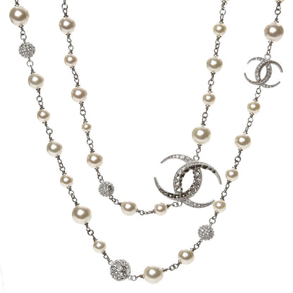 Chanel Pearl Baguette Crystal CC Moon Long Necklace Silver 1 of 6