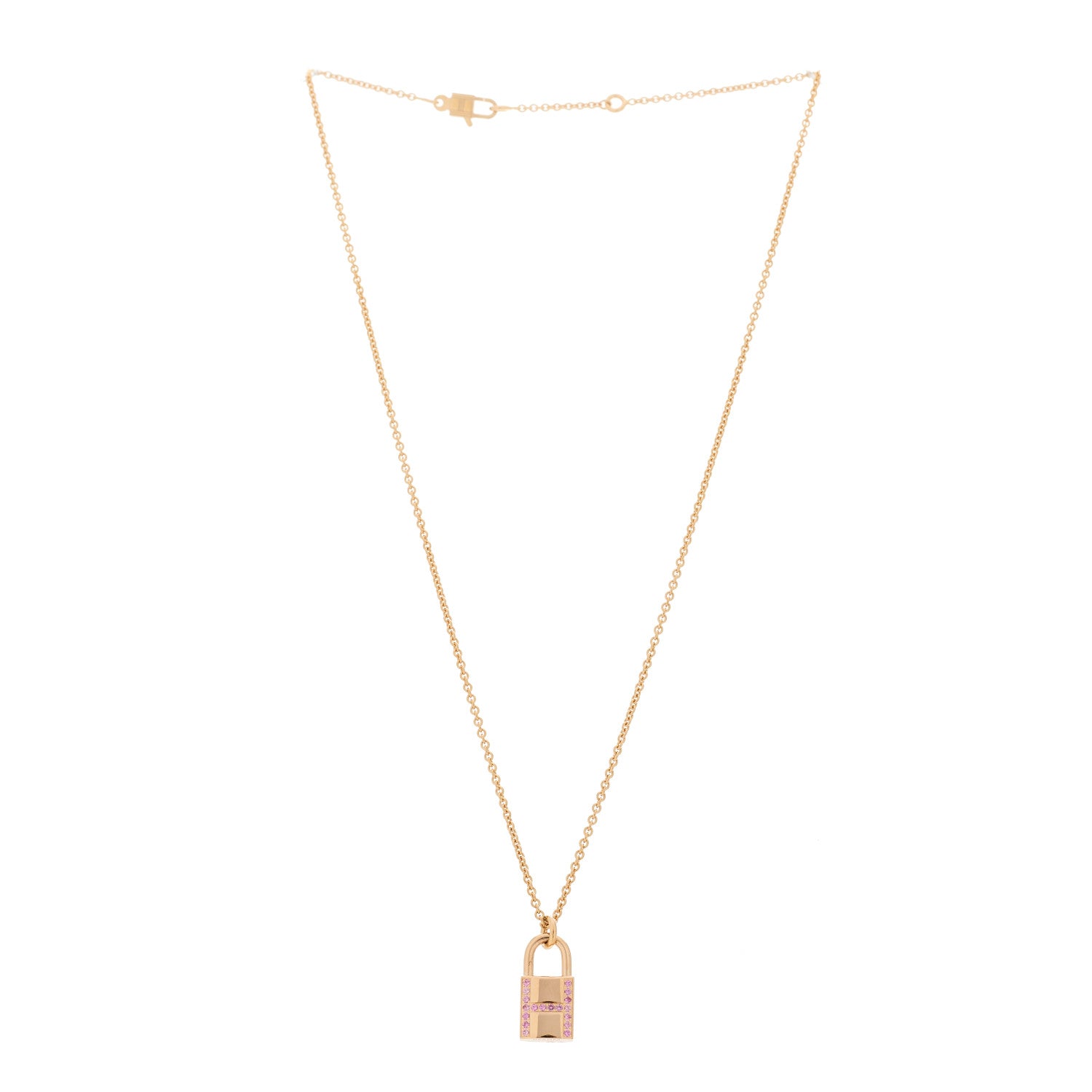 Hermes 18K Rose Gold Pink Sapphire Amulettes Cadenas Pendant Necklace 3 of 6