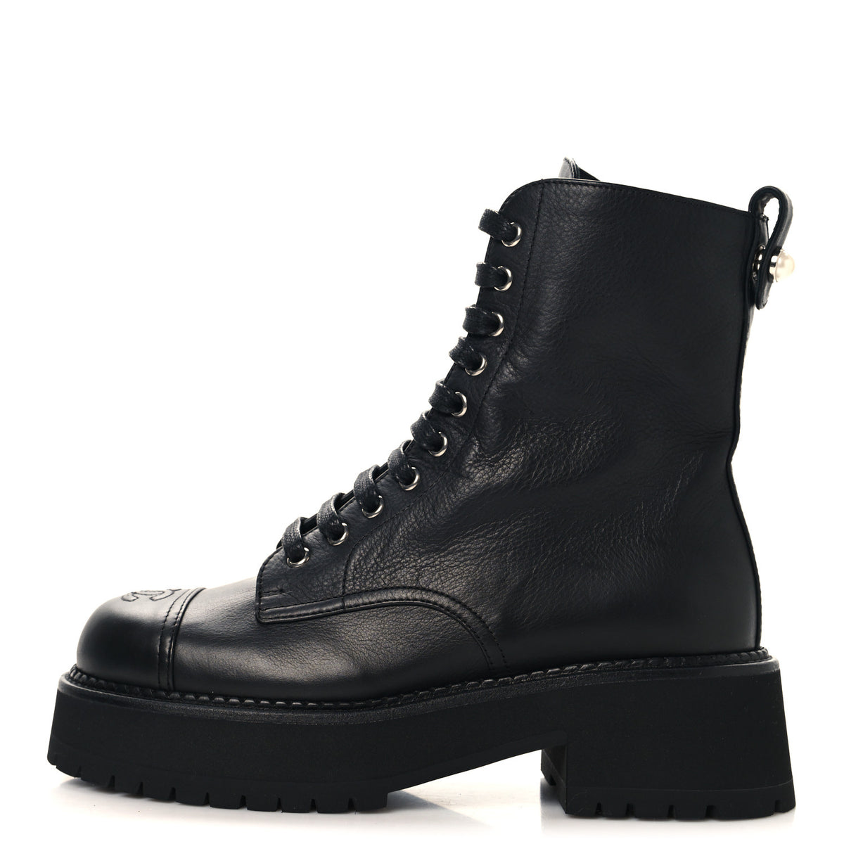 Calfskin Cap Toe Lace Up Combat Boots 38 Black