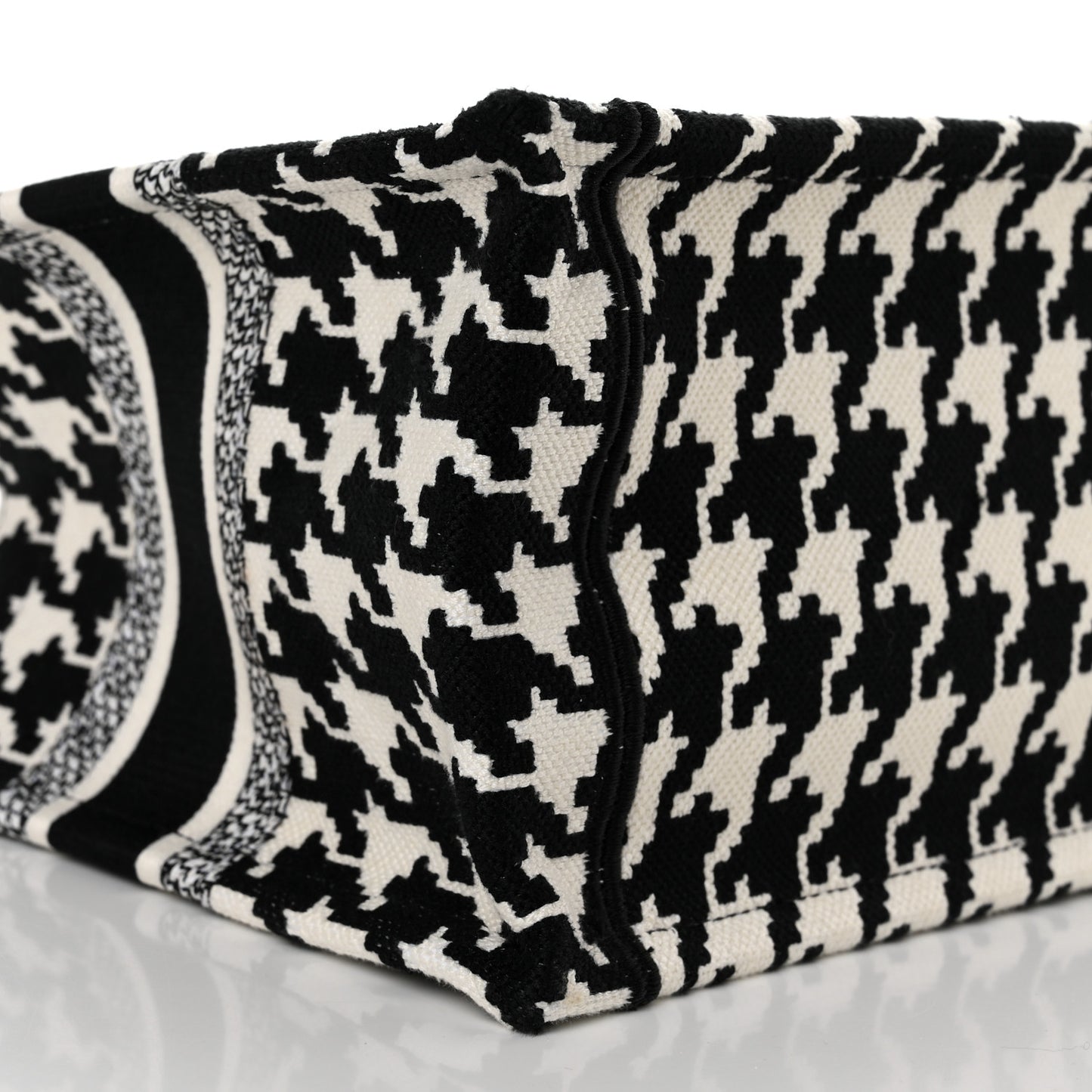 Canvas Houndstooth Embroidered Small Book Tote Black White