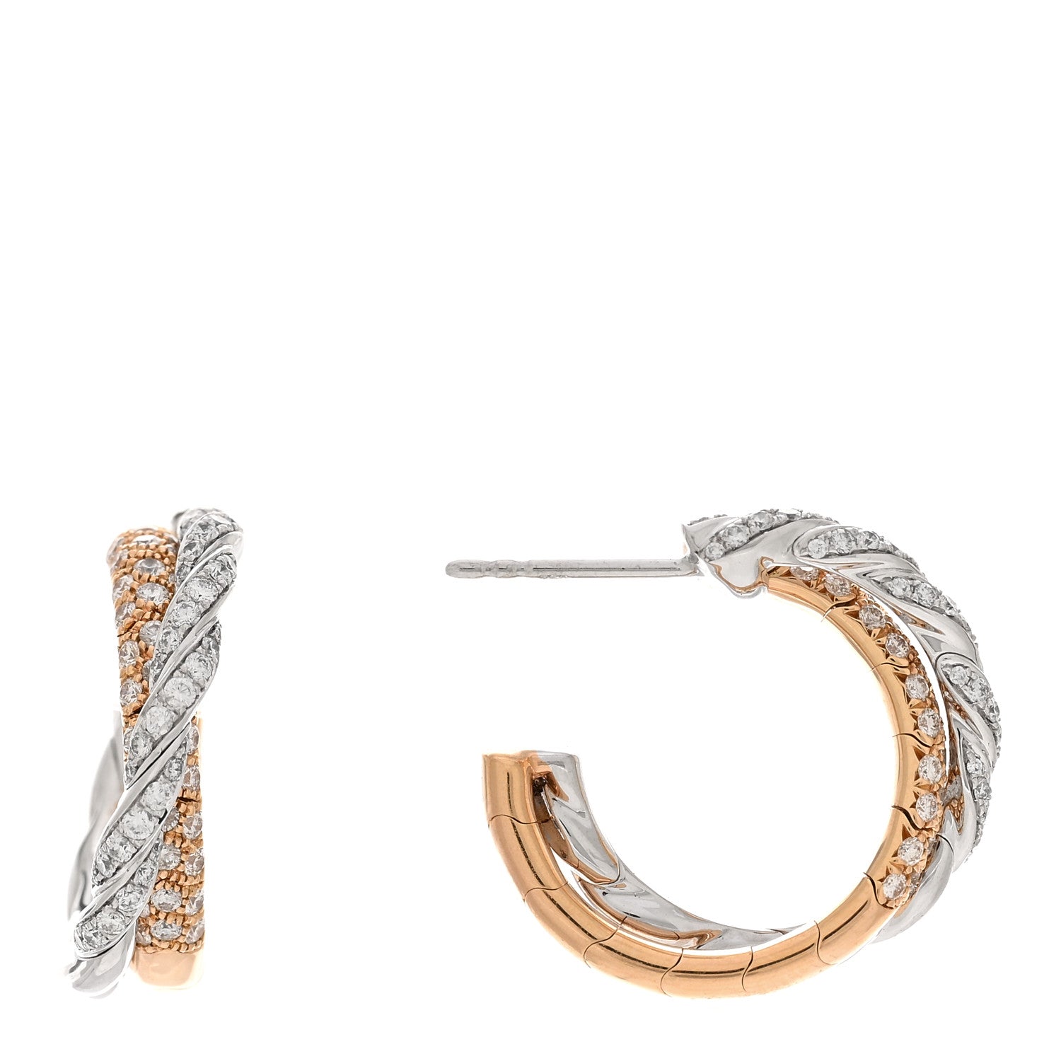 David Yurman 18K White Rose Gold Diamond Paveflex Hoop Earrings 1 of 5