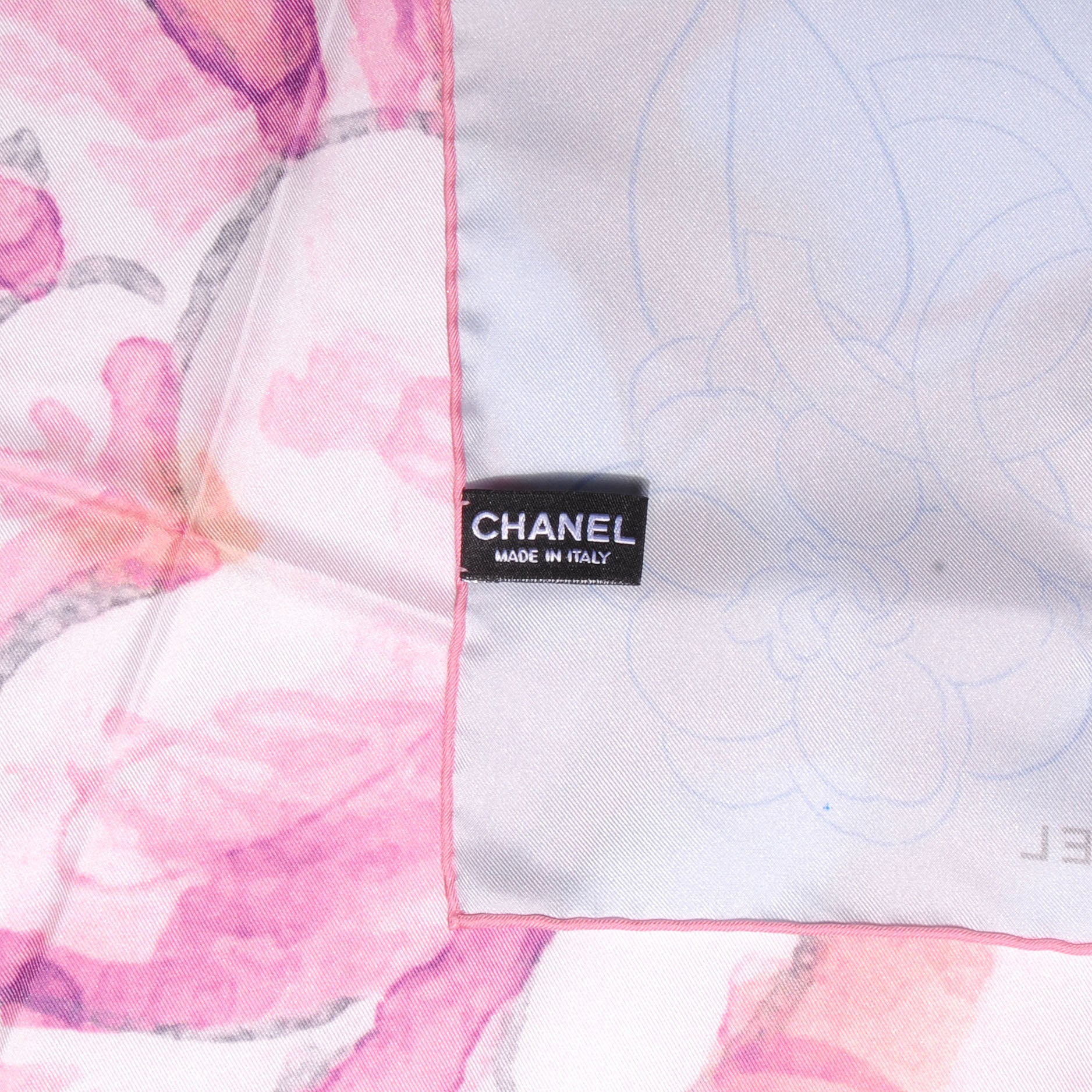 Chanel Silk Watercolor Camellia Flower Scarf Coral Blue 4 of 5