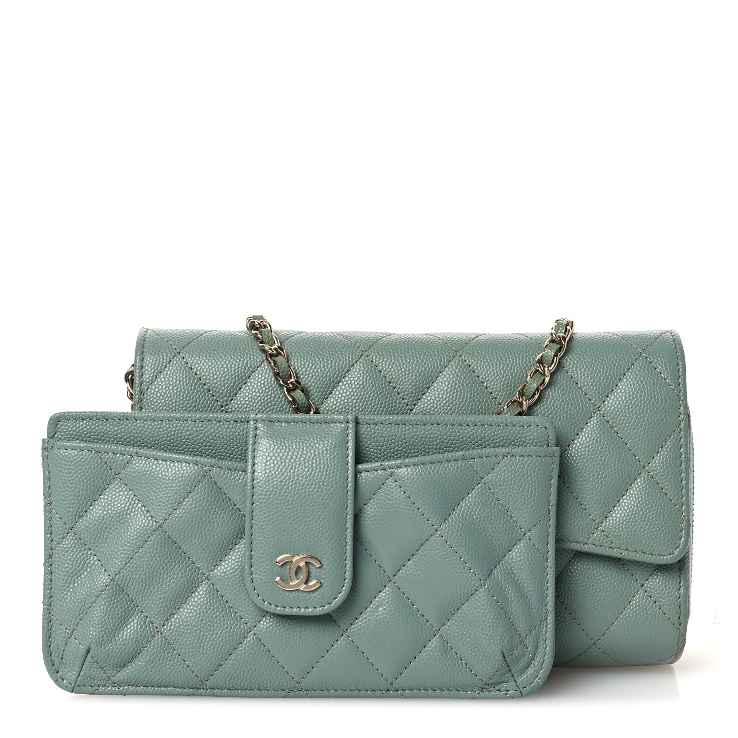 Chanel Caviar Quilted Phone Holder Wallet on Removable Chain Light Blue 3 of 18