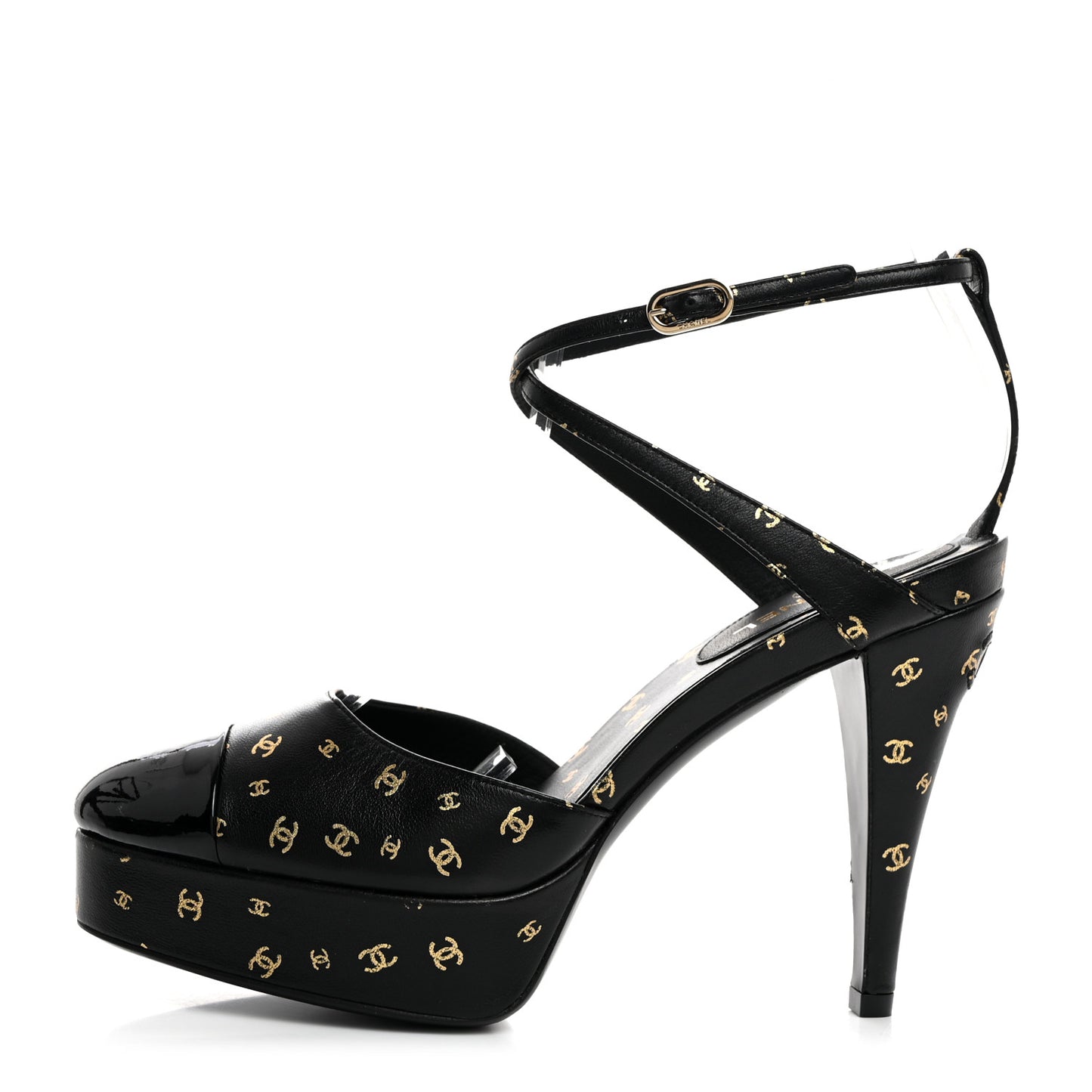 Printed Lambskin CC Platform Pumps 36.5 Black Gold