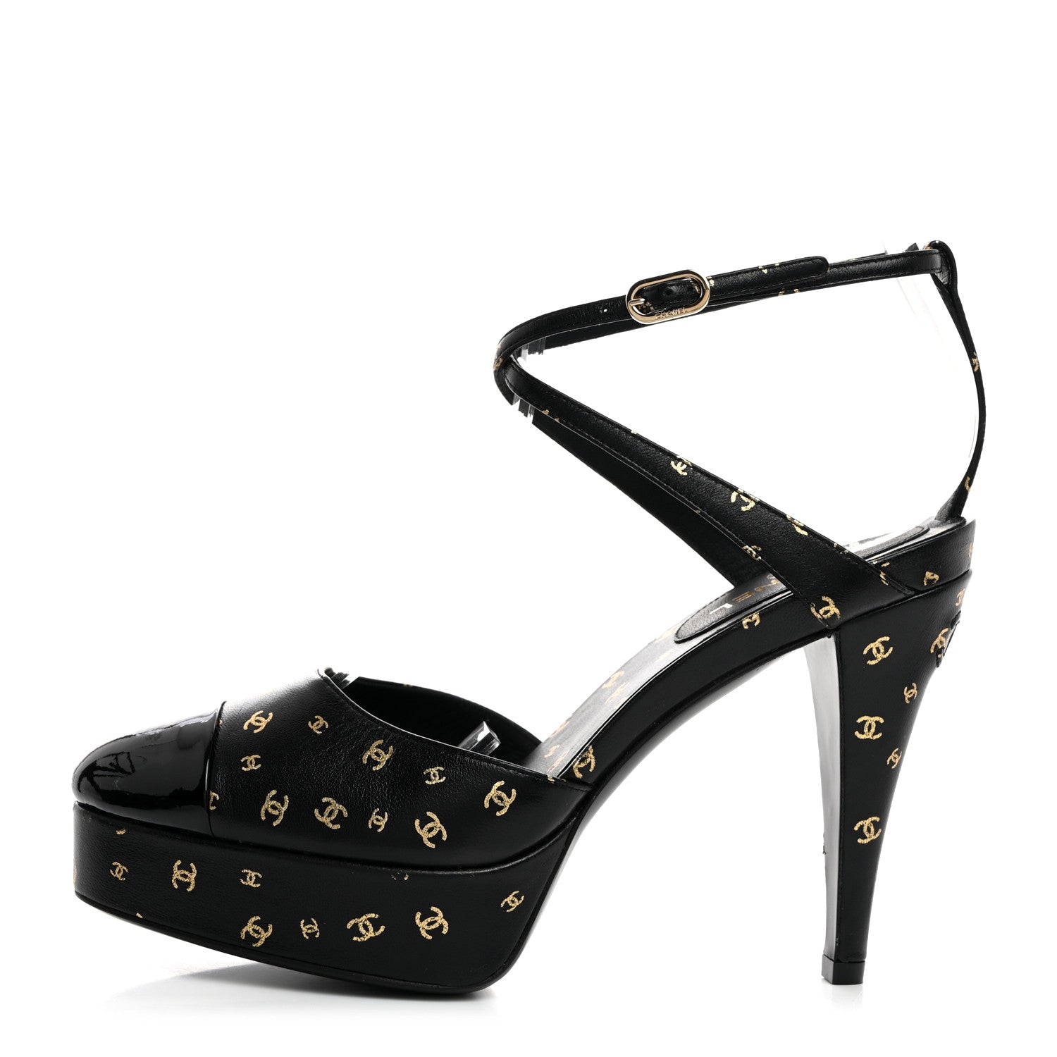 Chanel Printed Lambskin CC Platform Pumps 36.5 Black Gold 1 of 8