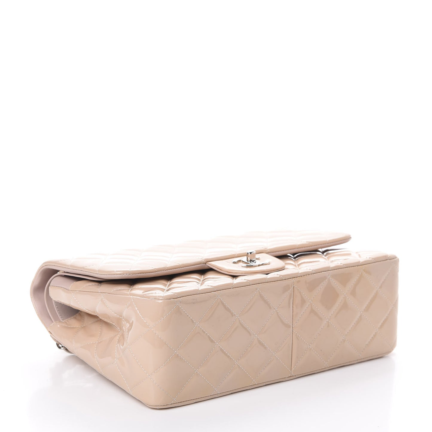 Patent Calfskin Quilted Jumbo Double Flap Beige