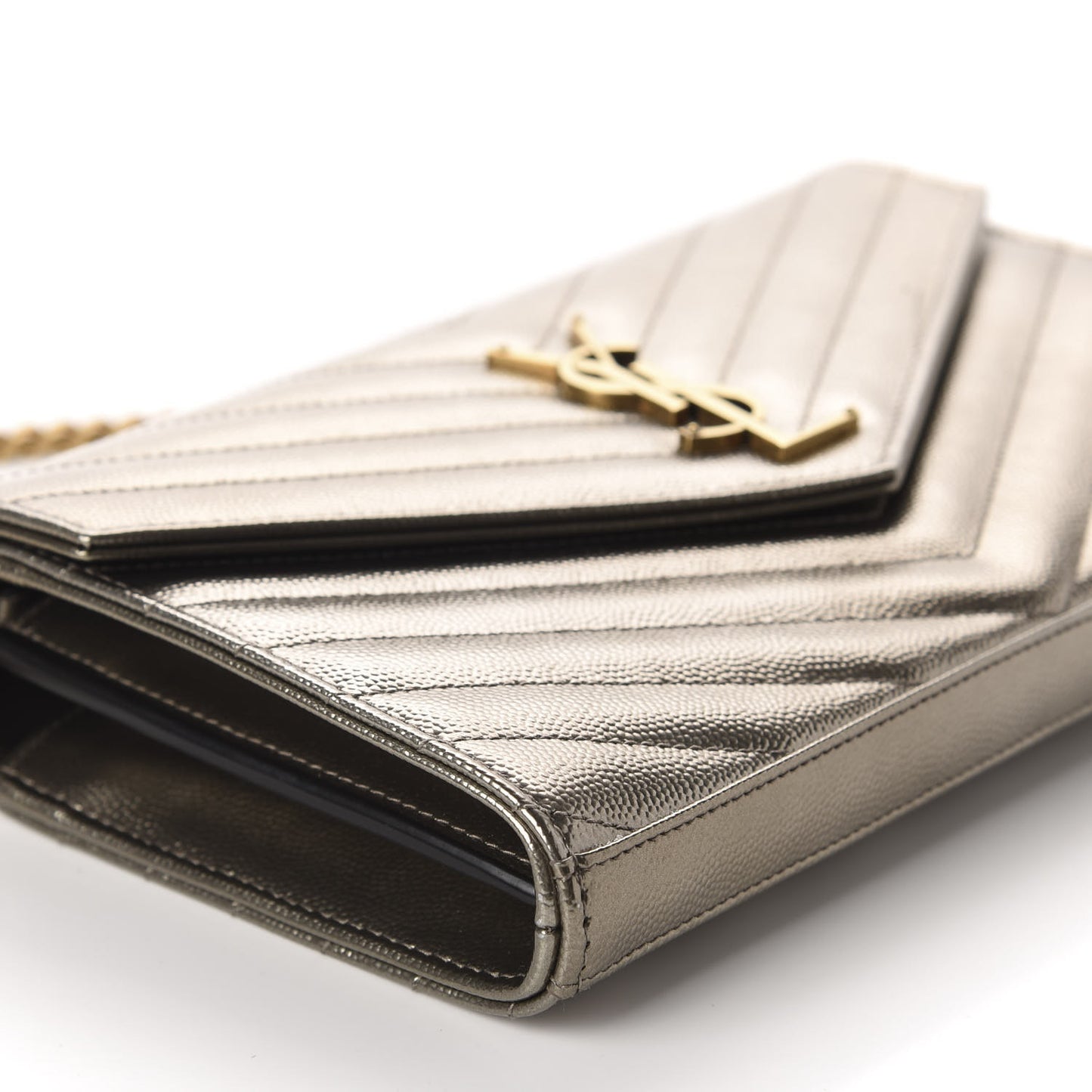 Metallic Grain De Poudre Matelasse Chevron Monogram Chain Wallet Piombo