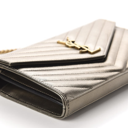 Saint Laurent Metallic Grain De Poudre Matelasse Chevron Monogram Chain Wallet Piombo 6 of 12